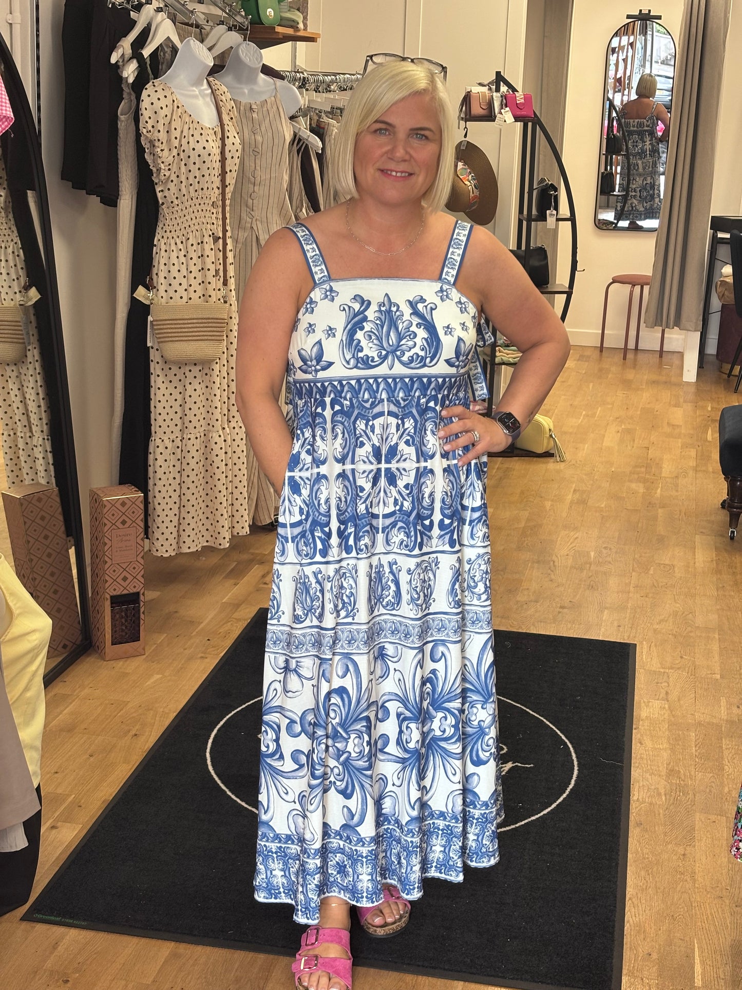 BEATRICE Border Print Tie Strap Midi Dress