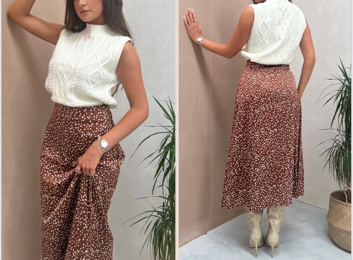Brown Polka Print Midi Skirt