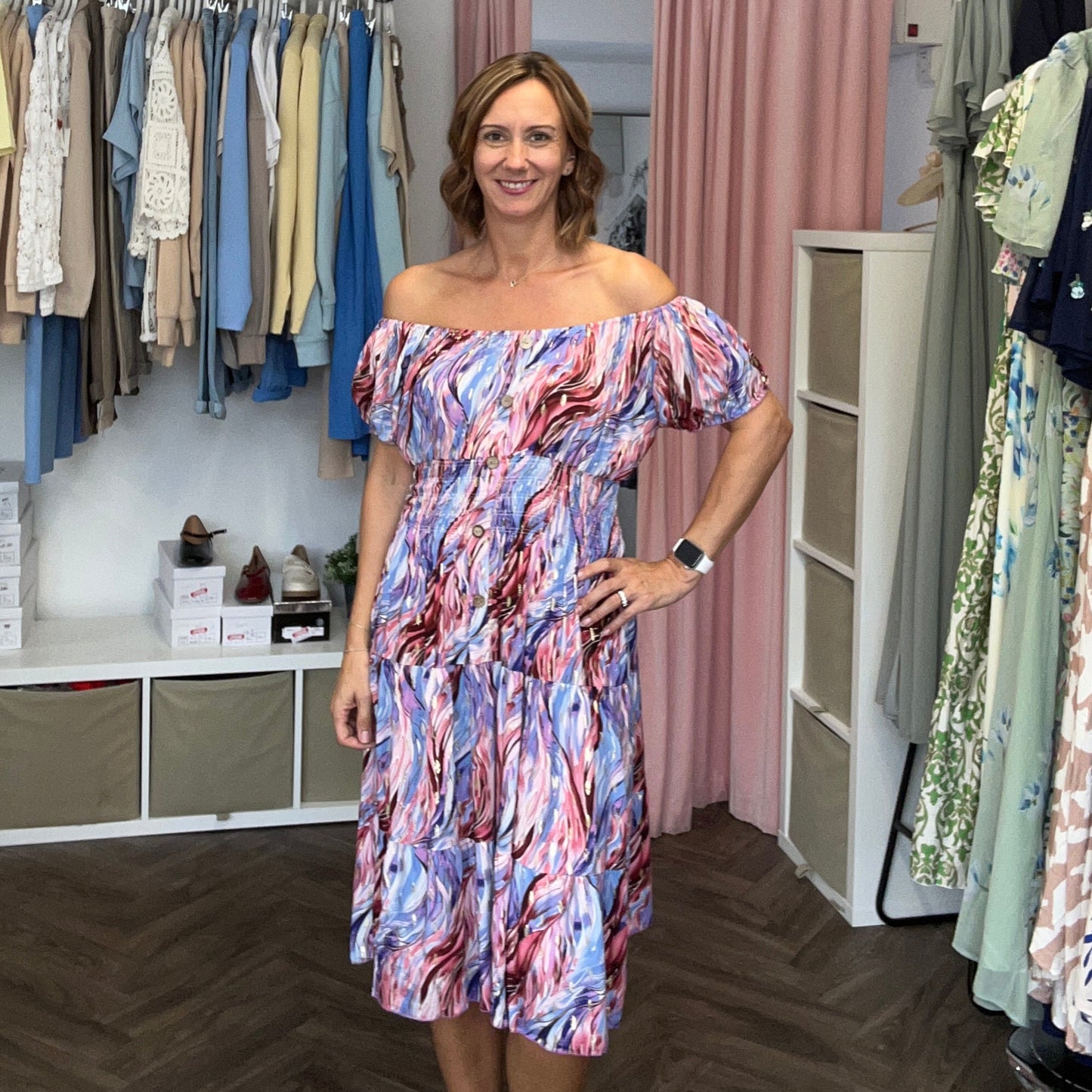 CALLA Bardot Midi Print Dress