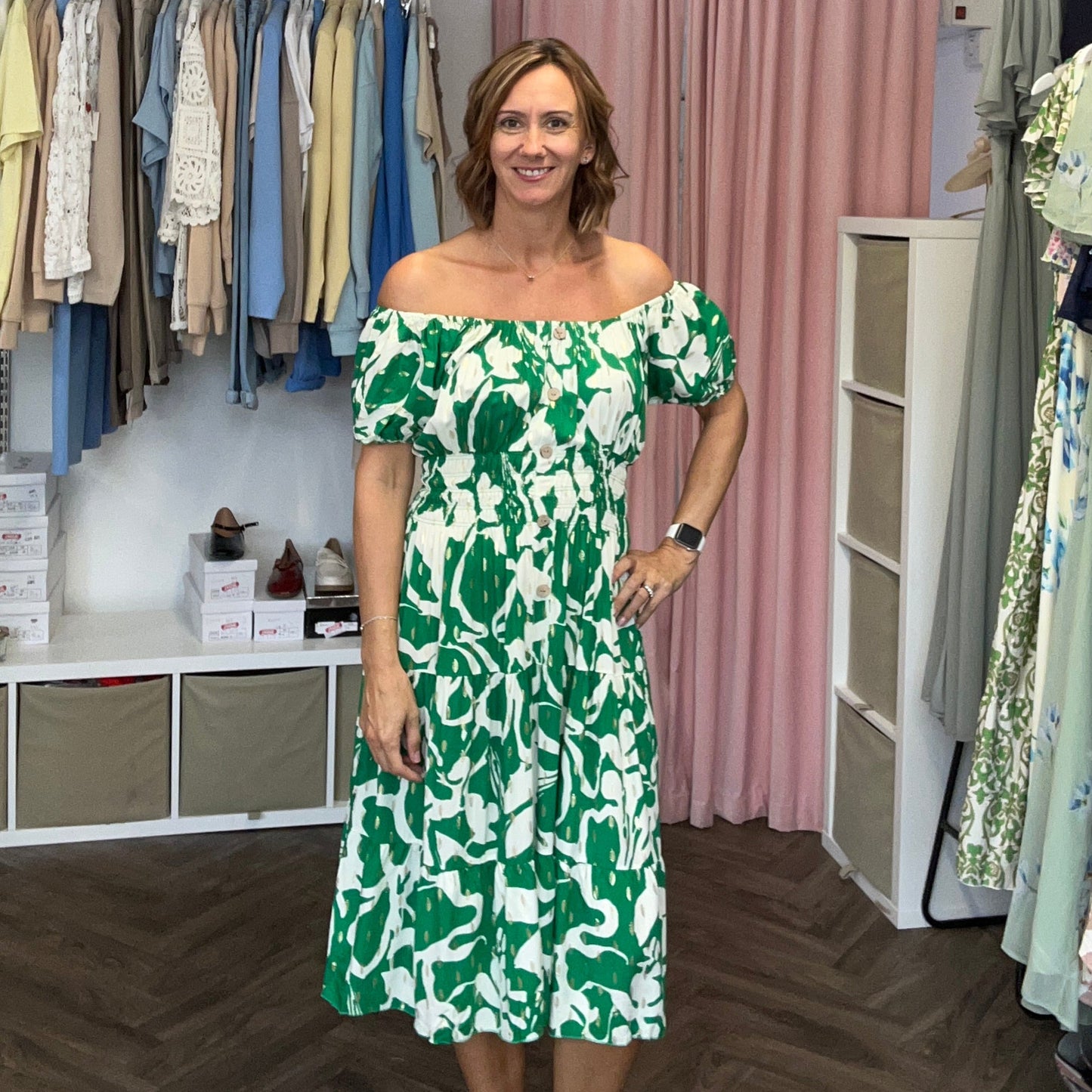 CALLA Bardot Midi Print Dress