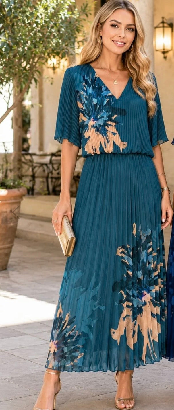 LYLA pleated V neck midi dress