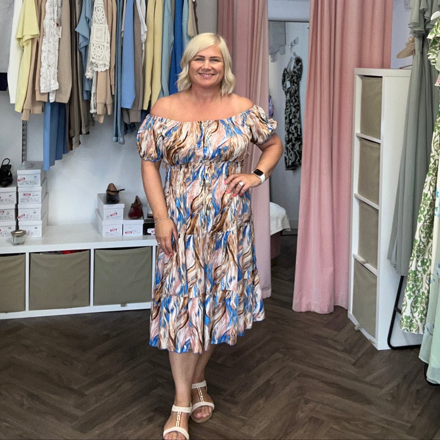 CALLA Bardot Midi Print Dress