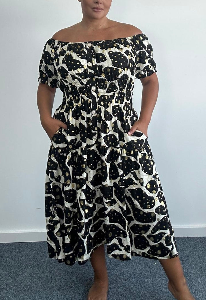 CALLA Bardot Midi Print Dress