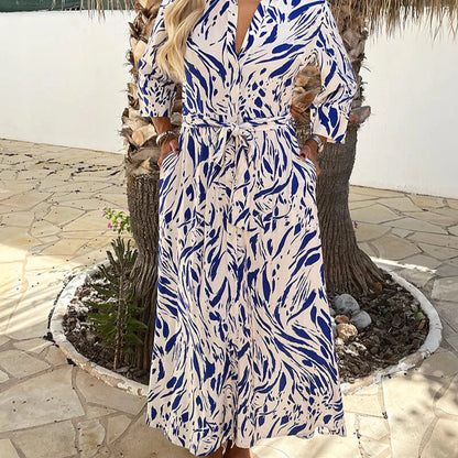 AZALEA Blue Print 3/4 Sleeve Shirt Dress
