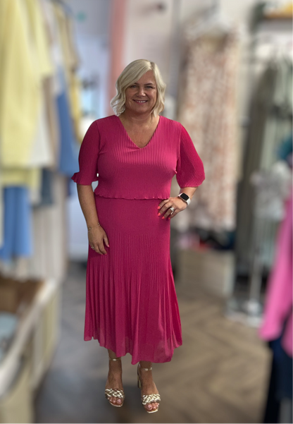 LYLA pleated V neck midi dress