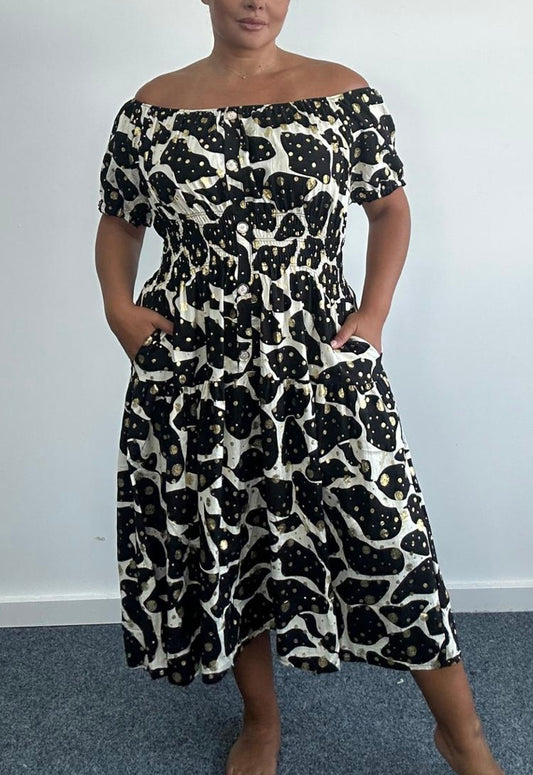 CALLA Bardot Midi Print Dress