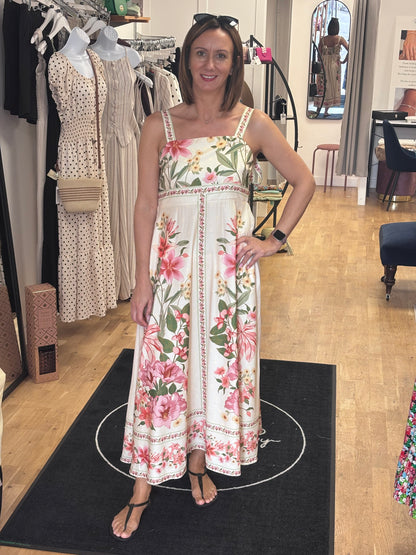 BEATRICE Border Print Tie Strap Midi Dress