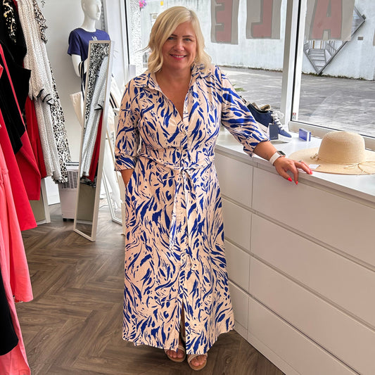 AZALEA Blue Print 3/4 Sleeve Shirt Dress